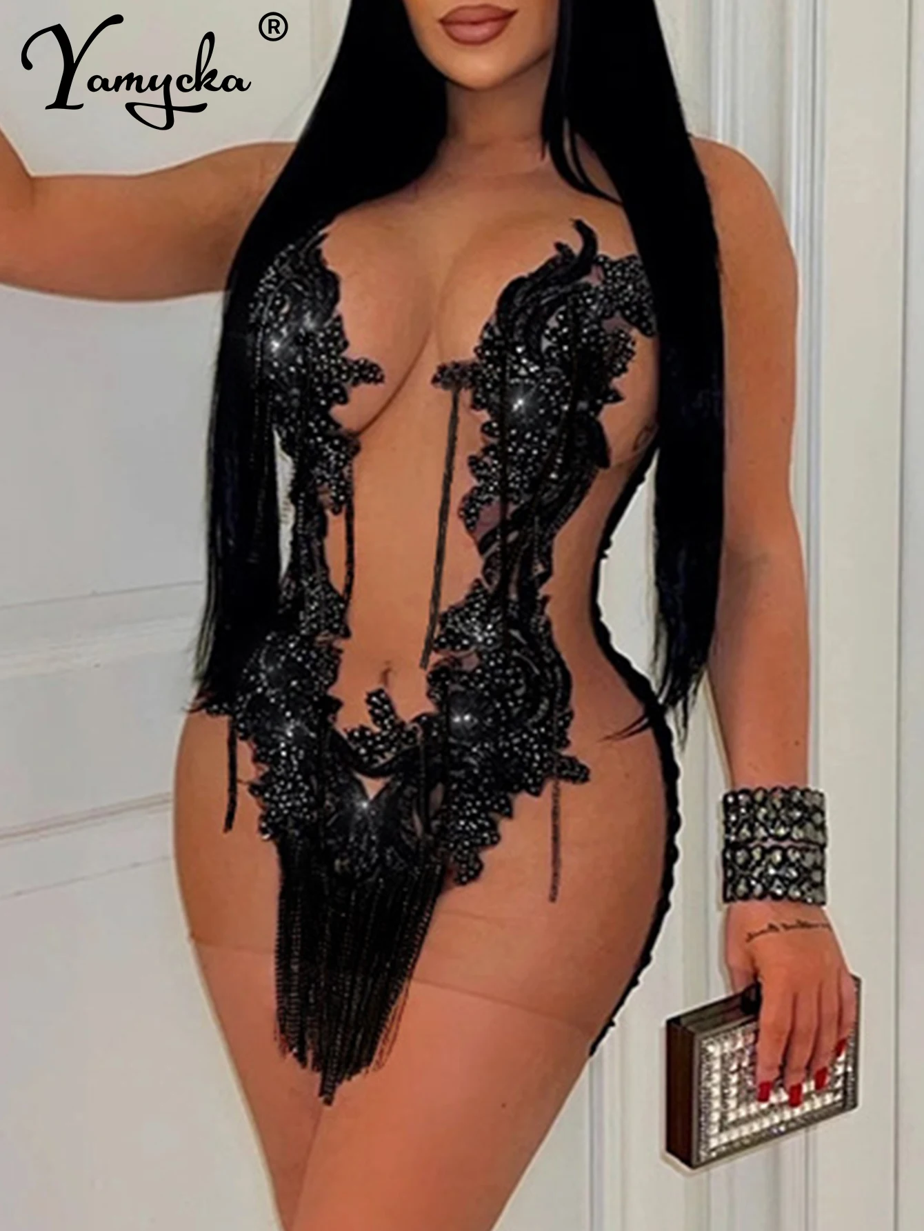 Mini Vestido de Malha Sexy com Lantejoulas Para Noite - Image 2