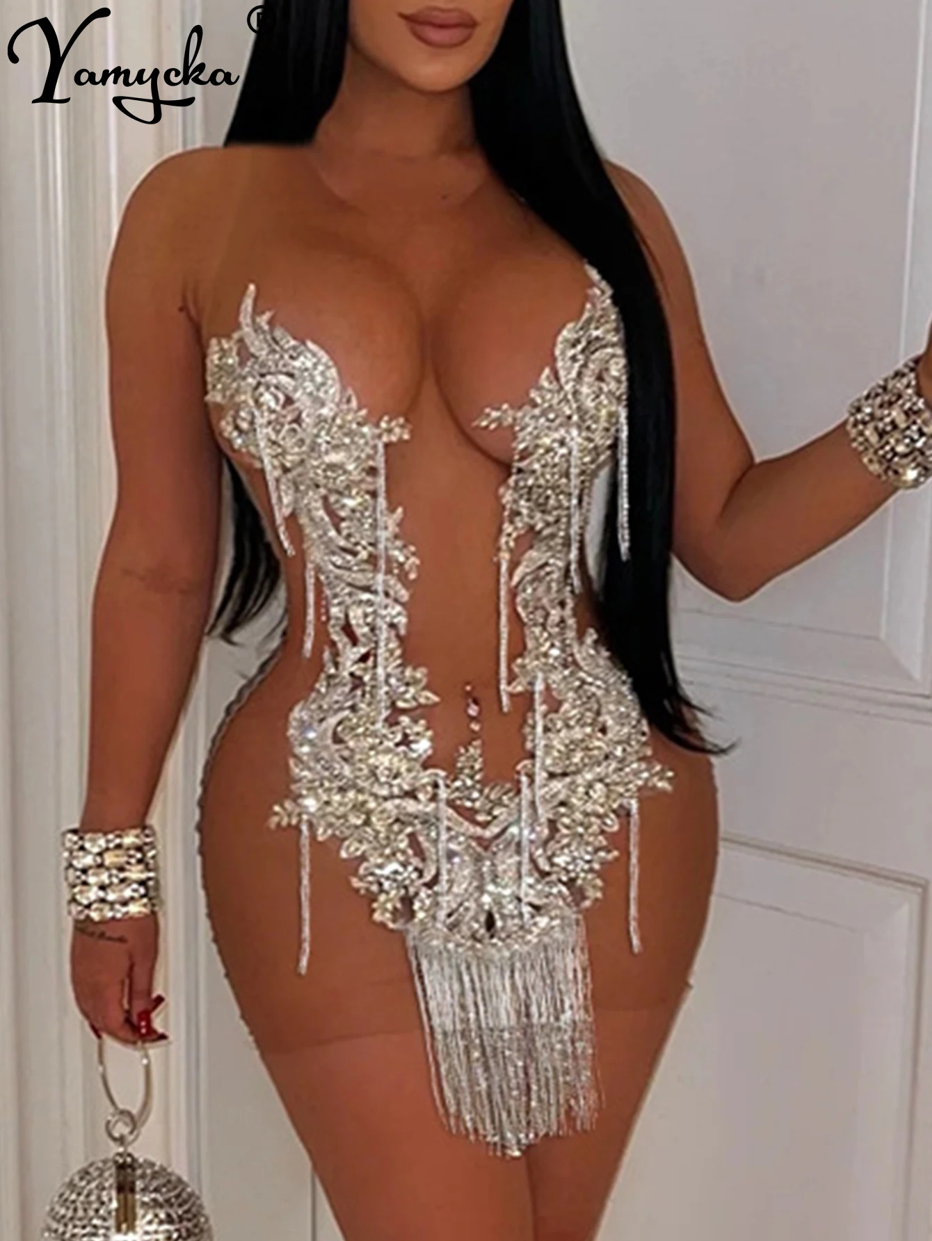 Mini Vestido de Malha Sexy com Lantejoulas Para Noite