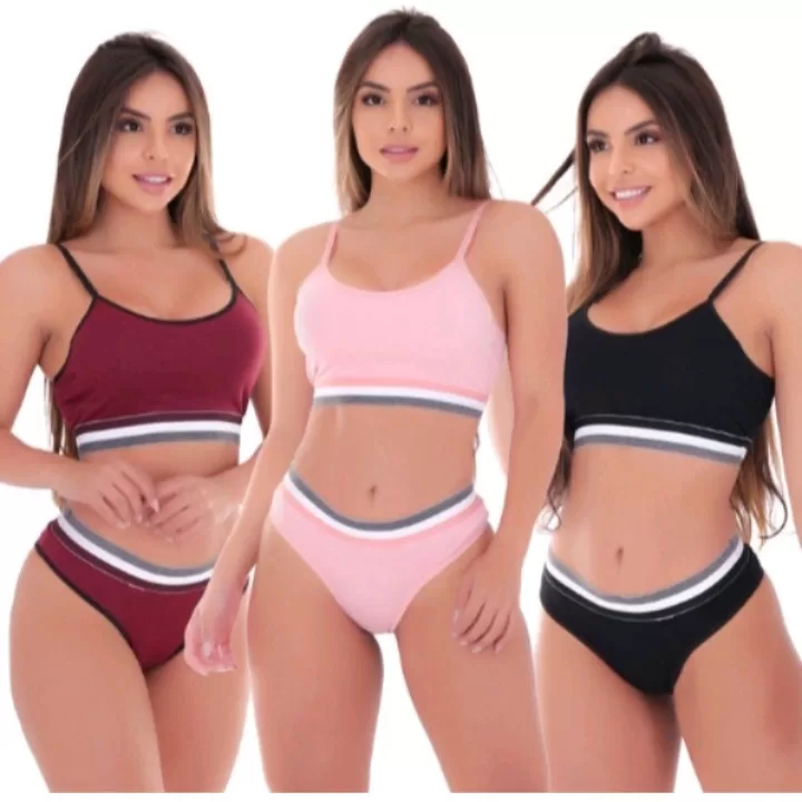Kit 3 Conjunto Feminino Lingerie Blogueira Microfibra Top e Calcinha