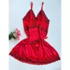 Camisola Feminina em Renda Bicolor Linha Luxo Acompanha Calcinha - Vermelha