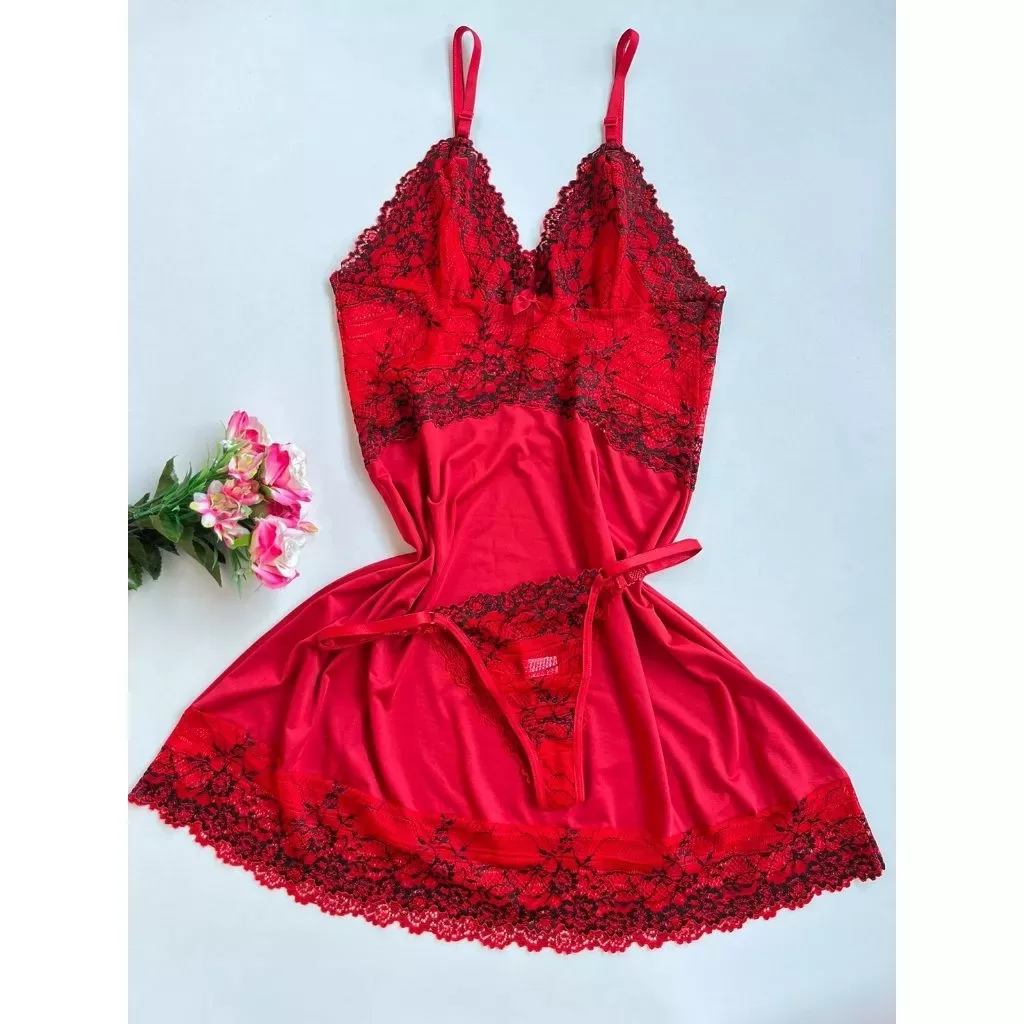 Camisola Feminina em Renda Bicolor Linha Luxo Acompanha Calcinha - Vermelha